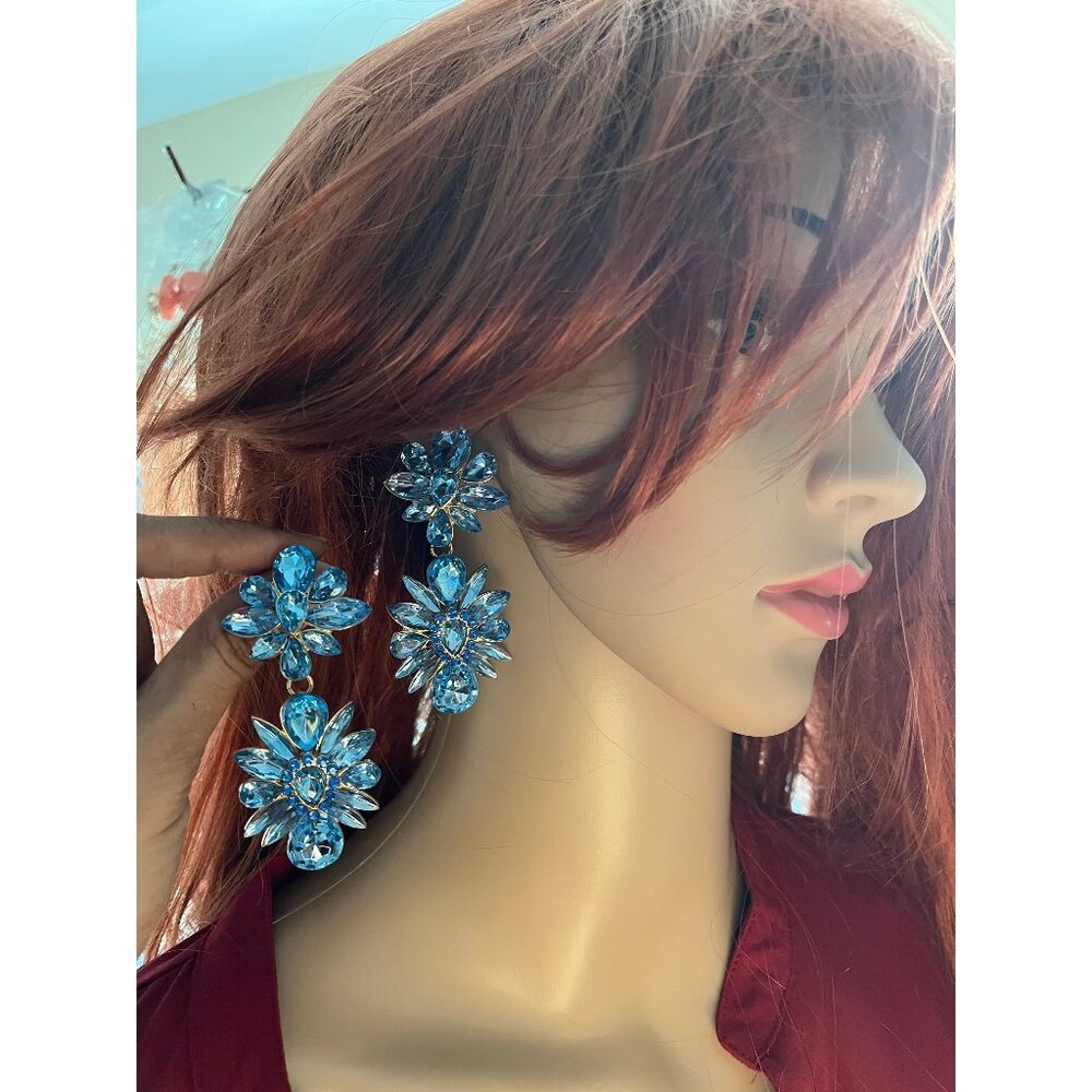 blue rhinestone earrings baby blue statement long big large crystal earrings